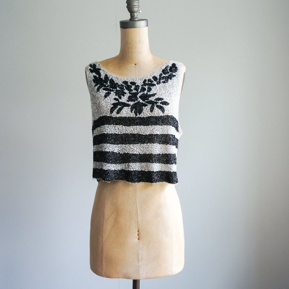 Zara fully Sequined Black and White Crop top with Flowers and Strips - Size S